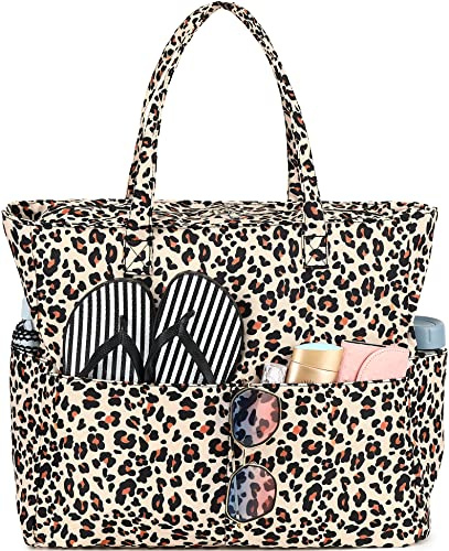 Bluboon Water Resistant Beach Tote Pool Bags Women Ladies Large Gym Tote Carry On Bag With Wet Compartment for Weekender Travel (Leopard)