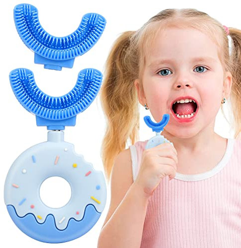 Spazzolino da denti a forma di U per bambini, morbido, per una pulizia a 360°, in silicone, a forma di ciambella, per bambini dai 2 agli 8 anni (S, blu)