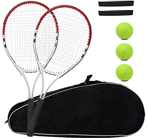 Tennis Racket Pre-Strung Lightweight 27 Inch Racquet Recreational Adult Rackets for Men Women Students Training Tennis Starter Kit with Balls,Carry Bag and Overgrips (Red/White - 2 Rackets)
