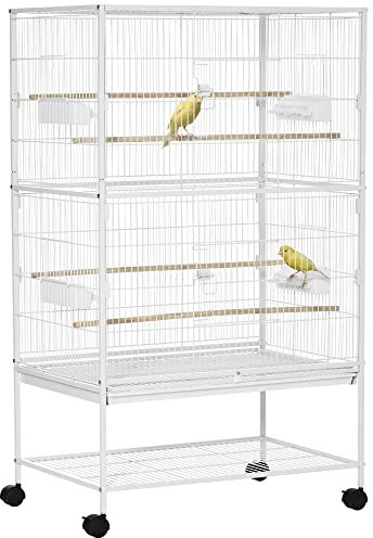 PawHut Jaula para Pájaros con Ruedas Pajarera Metálica con Bandeja Extraíble 4 Puertas 4 Comederos 4 Perchas y Estante de Almacenaje Jaula para Canarios Periquitos 78x52x132 cm Blanco