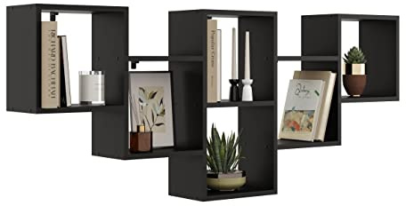 KUBUTKU Scaffale decorativo da parete con 6 ripiani, 160 x 66 x 18 cm, design scandinavo, moderno, per soggiorno, cucina, ufficio, camera da letto, bagno, libreria (nero)