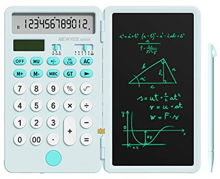 NEWYES Verbesserter Wiederaufladbarer Basisrechner mit Notizblock 6,5 Zoll, Standard-Taschenrechner mit 12 Ziffern, 2-in-1-Funktion, Tragbar für die Schule im Büro (Blau)