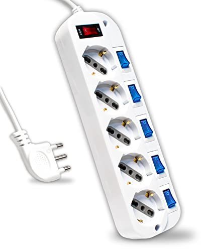 V-TAC Ciabatta Multipresa Elettrica con Interruttori Indipendenti - 6 Prese 10/16A Bipasso + Schuko - Spina 16A - Presa Elettrica per Casa, Ufficio, Negozio - Colore Bianco