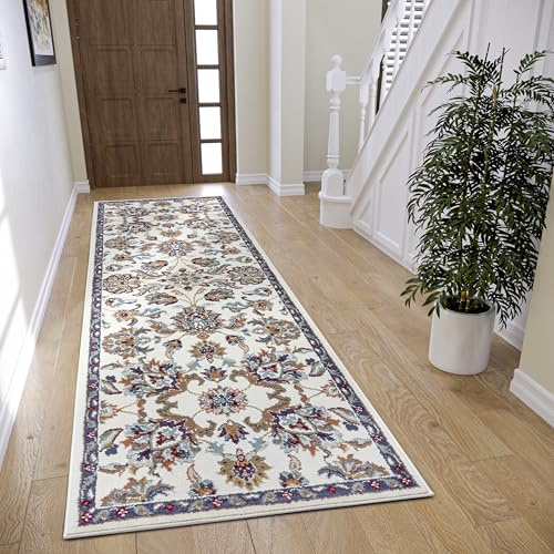 Hanse Home Caracci Alfombra Oriental – Alfombra clásica densamente Tejida con Adornos y Motivos Florales, Pelo Corto Suave para Dormitorio, Comedor, salón, Pasillo, Cocina, Color Crema, 80 x 240 cm