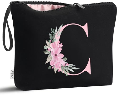 Vavabox Beauty case con iniziali personalizzate dalla A alla Z, regalo di compleanno per donne, regalo per sposa, damigella d'onore (C, 01-Nero)