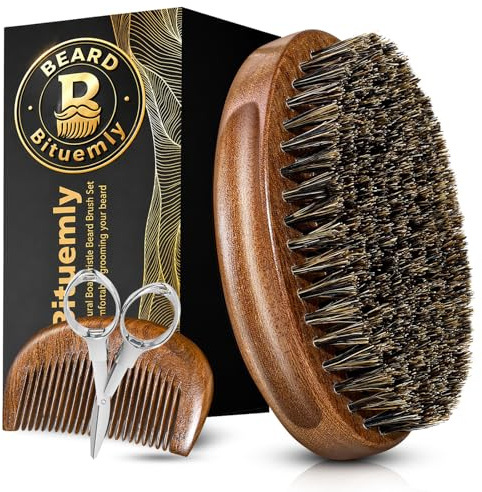 Cepillo para barba para hombre con peine de madera de sándalo, cerdas naturales de jabalí, bigote, cepillo facial (elipse)