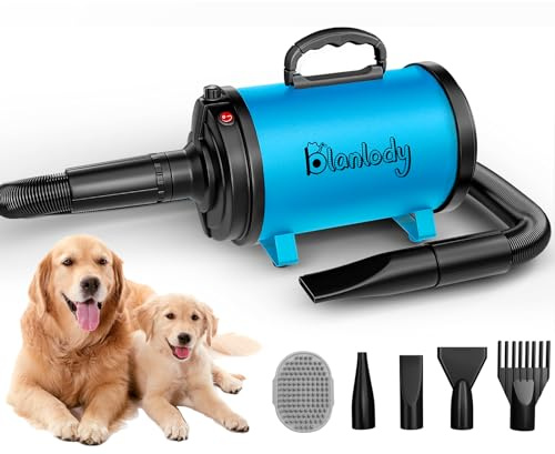 Blanlody Soffiatore per Cani Blower Molto Silenzioso, 4,5 CV/3200 W, Velocità Regolabile, Ventilatore per la Cura del Cane con 4 Diversi Ugelli, Tubo Elastico e Spazzola per la Cura