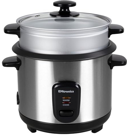 EMtronics EMRCCSTSS1-8 Rice Cooker 1.8 Litre with Automatic Cooking, Steamer Tray and Warmer Function with Removable Non-Stick Bowl, Measuring Cup and Spatula 700W - Stainless Steel