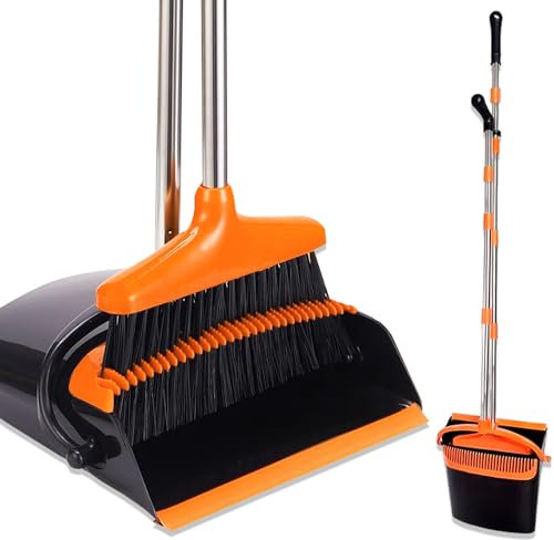 JUPPLIES Escoba y Recogedor Plegable de Mango Largo, Juego de Escoba Alta y Recogedora - Barredora Vertical y Recogedor de Interior para Barrido de Casa (Naranja)