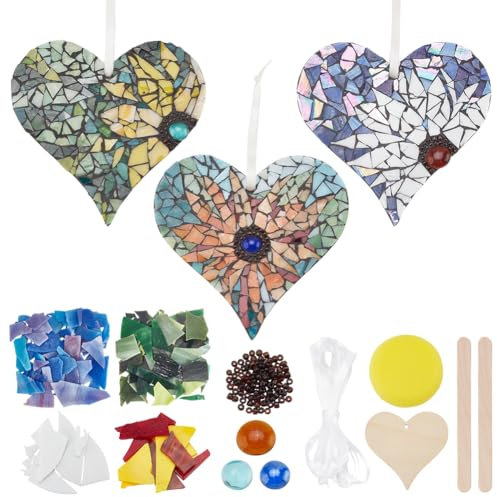 WEBEEDY 3 Sets DIY Heart Mosaic Kit Flower Mosaic Tiles Craft Kit,Glass Mosaic Pieces Hanging Art Love Heart Pendant Art Craft Supplies for Adult Beginner Wall Decor Anniversary Valentine's Day Gift