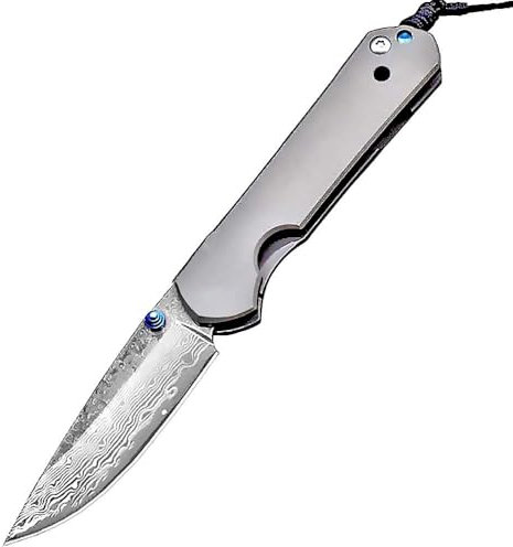 Joa Couteau pliant damassé, couteau de poche en acier de Damas, couteau tranchant d'une main avec clip de ceinture, couteau EDC en titane, couteau de survie damassé, couteau de chasse, de camping
