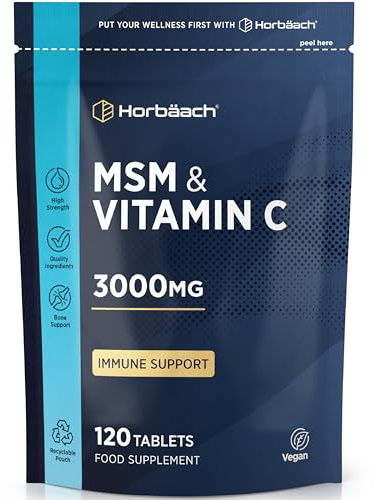 MSM Supplements 3000mg with Vitamin C | High Strength Methylsulfonylmethane MSM with VIT C | 120 Vegan Tablets (Not Capsules) | by Horbaach