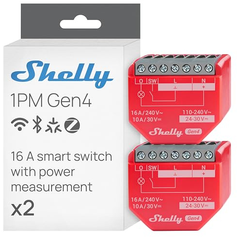 Shelly 1PM Gen4 – WLAN Smart reläbrytare, strömmätare, 1 kanal, 16A, ljusströmbrytare, uppvärmning, Smart Home, timer, Alexa & Google, Matter, ingen hubb krävs (2 stycken)