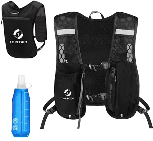 Gilet d’Hydratation Running Homme Femme – Gilet de Course Léger et Respirant avec Sangles Réglables, 6 Poches, Flasque Souple 500 ml, Éléments Réfléchissants – Idéal Trail, Marathon, Entraînement