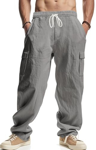 PADOLA Pantalones de Lino Ligero para Hombre Pantalón de Carga con Bolsillos Pantalones Casuales de Corte Holgado con Cordón Elásticos(L,Gris)
