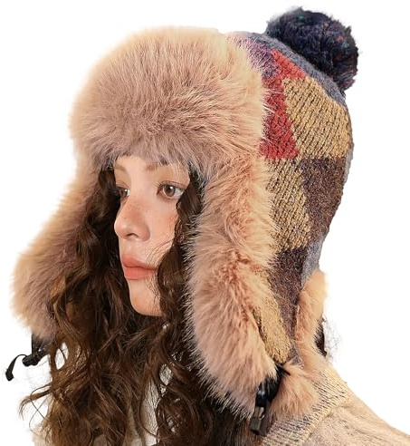 YJZQ Bonnet Aviateur d'hiver Femme Chapka Bordure Jacquard Chapka tricoté Femme Chapeau de Ski Casquette Chaud avec Cache-Oreilles 55-59cm