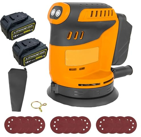 Cordless Random Orbital Sander with 2×5500mAh Batteries, UK Charger & 12 Sandpapers. 3-Speed, Cordless Orbital Sander Compatible with DeWalt 18V/20V, for Wood, Metal, Furniture,Car Sanding & Polishing