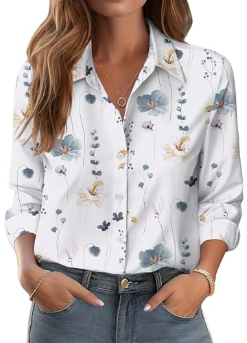 Zeagoo Camicia Donna Lunga Elegante Blusa Manica con Motivo Floreale Camicie Primaverile Estiva Collo Alto Button-Down Camicie Senza Stiro Business Basic TopBianco Floreale M