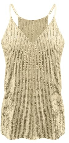 Paljettlinne topp, kvinnor Y2K paljett cami topp, mode mångsidiga linnen, ledig justerbar rem linne ren färg kami-västar bas remmar linne dans rave kläder, Rosa guld, XXL