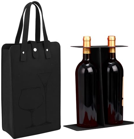 Black Double Wine Bag, Thick Felt Wine Tote Bag with Handles, Reusable Wine Gift Bag for 2 Bottles (750ml), Anti-Collision Bottle Carrier for Family Gatherings Holiday Parties Wedding Picnic (1PCS)