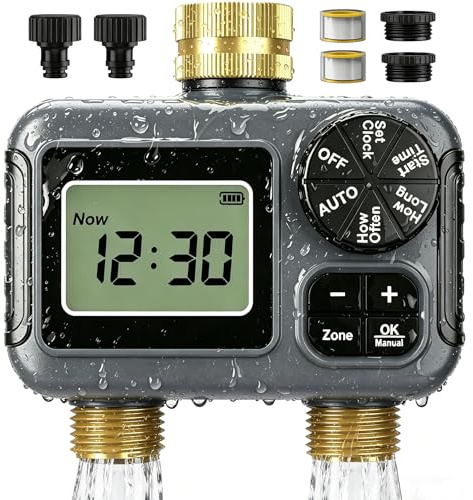 Yaskyly Bewässerungscomputer 2 Ausgängen Bewässerungsuhr mit Messing Einlass und Auslass, IPX5 Wasserdicht, Regenverzögerung/Automatischem & Manueller Modus, Wasser Zeitschaltuhr für Garten Hof Rasen
