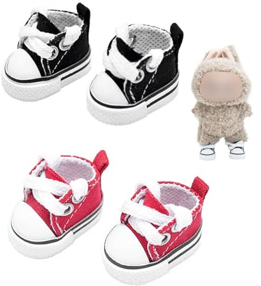 ZAMXHUG 2 Paires Chaussures pour Mini-Poupées, Baskets Mignonnes Toile à Lacets pour Peluches de 17cm/15cm Chaussures Fingerboard Accessoires de Tenue (Noir, Rouge)
