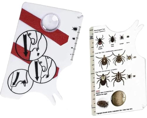 KIMHOME Juego de 2 tarjetas para quitar garrapatas, herramienta para atrapar garrapatas con lupa, tabla de escala para humanos, perros y gatos (plástico)