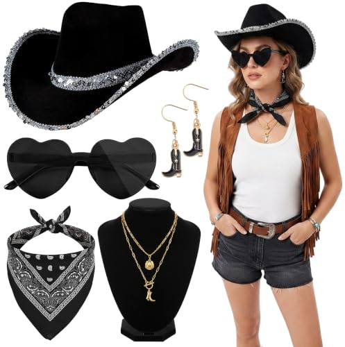 Fictoria Cowgirl Costume Accessories Set - 5Pcs Western Fancy Dress Kit with Cowboy Hat, Paisley Bandana Boot Charm Necklace Earrings Heart Sunglasses for Women Festival Party Outfit