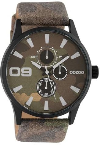 Oozoo Herrenuhr Chrono Look mit Lederband 48 MM Schwarz/Camouflage C10347