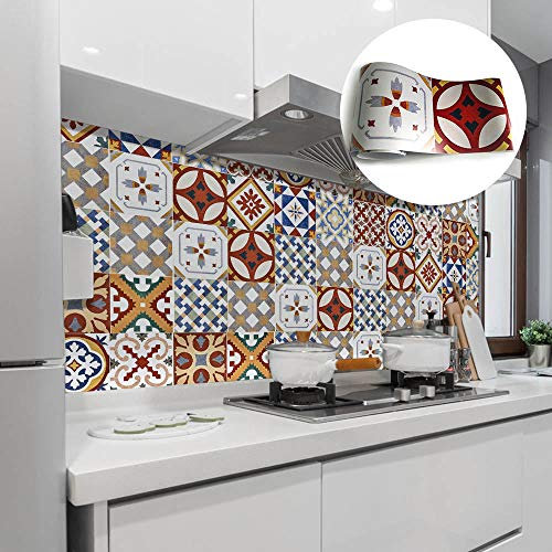 Stick on Tiles Red Blue Mustard Tile Stickers PVC Self Adhesive Wall Tiles Heat Resistant Tile Stickers for Kitchen Bathroom Waterproof Peel and Stick Floor Tiles Tile Paint 20x500cm