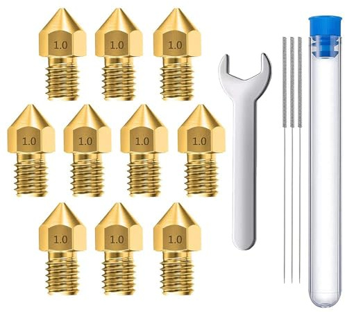MMOBIEL 10 pièces MK8 en Laiton de 1,0 mm pour imprimante 3D, extrudeuse Compatible avec Les séries Creality Ender 3, Ender 5, CR-10/10S, Makerbot, Anet A8, incluant 3 Aiguilles de Nettoyage et Clé