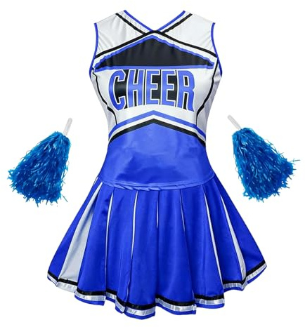 Colorful House Womens Cheerleader Costume Uniform Fancy Dress+Pom Poms (Size M, Blue)