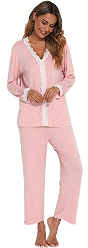 Jecarden Pyjama Deux pièces à Manches Longues en Coton Modal, Bord en Dentelle, pour Femmes, Rose, XL