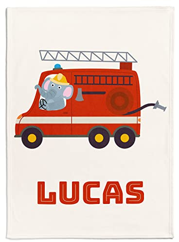 Personalisedog Couverture personnalisée pour enfant avec nom et motif de véhicule et d'animaux (voiture de pompier)
