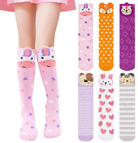 PHOGARY 6 Paires de Chaussettes Montantes Animal Mignonnes en Coton Colorées et Chaudes pour Filles de 3 À 10 Ans, Taille Unique