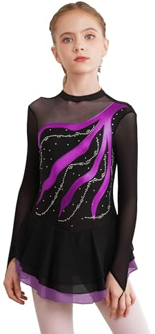 Freebily Vestido de Danza para Niña Maillot de Manga Larga con Brillante Leotardo Gimnasia Rítmica Maillot de Patinaje Competición Traje de Baile A Morado 7-8 años