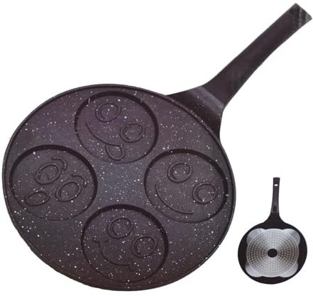Royal Swiss® Poêle à Pancakes Smiley 26 cm – Tous Feux Dont Induction | 4 Moules Emoji | Revêtement Antiadhésif Effet Marbre | Sans PFOA | Poignée Cool-Touch