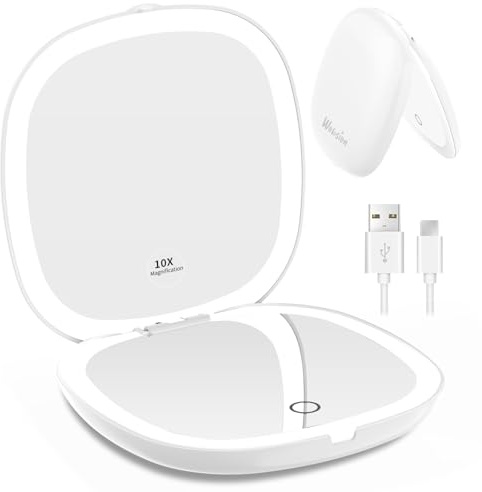 WOBSION Specchio Portatile con Luce Led per Trucco,USB Ricaricabile Specchietto da Viaggio 10X / 1X ingranditore,Regolabile Luminosità Mirror da Borsetta,a Specchi illuminato Bifacciale,Bianca