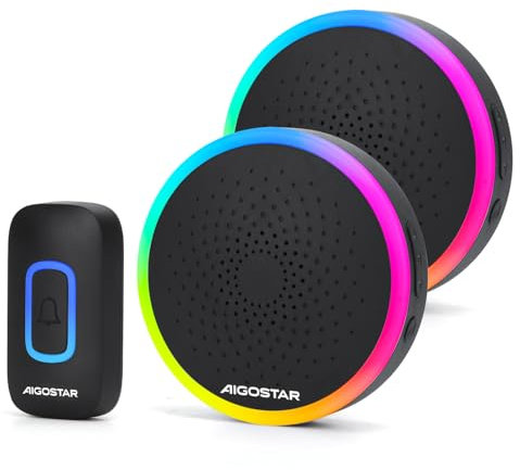 Aigostar Timbre Inalámbrico RGB, Timbre Inalámbrico Exterior Impermeable Sin Pilas, IP55, 5 Niveles De Volumen (0-120dB) Y 60 Melodías, Negro (2 Receptor Y 1 Transmisor)