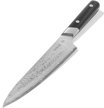 Made In Cookware | 8 Japanese Damascus Steel Gyuto (Chef Knife) | 66 Layers of Damascus Steel with a VG-10 Core | Crafted in Japan | Full Tang With Black POM Handle