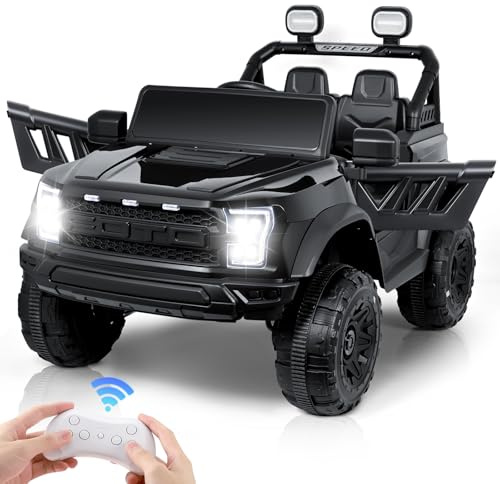 nmoiww Coche eléctrico para niños de 12 V, Control Remoto de 2,4 G, Carga máxima de 50 kg, con Luces LED, música, Altavoces, Funciones USB (Negro- Asiento Doble)