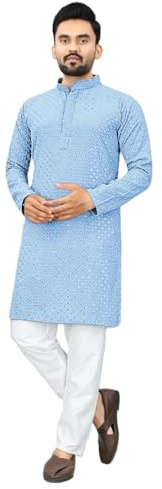 Estationeryhouse Kurta pyjamas i bomull med rak passform för män (gul) tungt broderiarbete fram och bak (levereras med vit pyjamas), Himmelsblått, L