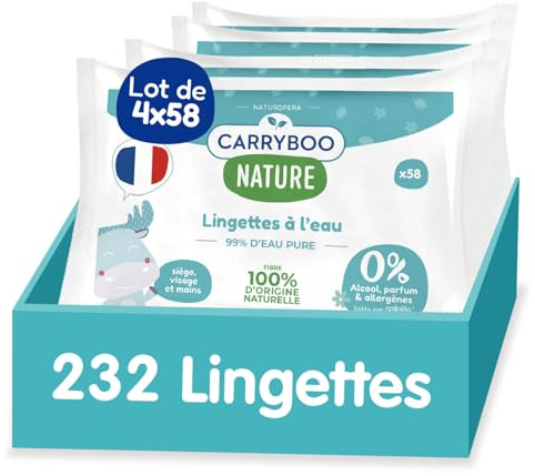 CARRYBOO - 4x58 Lingettes à l’Eau pure - Lingette Bébé Fibre 100% d'Origine Naturelle - Serviettes Nettoyantes Sans Allergènes - Soin Bébé Peaux Normales & Fragiles - 232