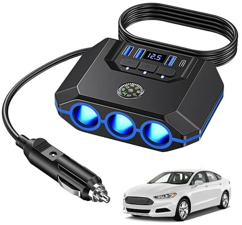 Sporgo Caricabatteria da auto con presa accendisigari da 120 W, presa auto 12 V, presa accendisigari 7 in 1, adattatore con 3 prese e 4 porte USB, splitter multiplo per GPS Dash Cam