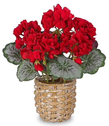 Konstgjorda pelargoner i kruka 28 cm, konstgjord blomma i pilkorg, lantlig stil