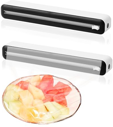 2 Stück Frischhaltefolien Spender, Wand-Folienschneider Saugnäpfe Folienspender Haushalt Folienabroller mit Bidirektionale Schiebe Cutter für Küche (Schwarz)