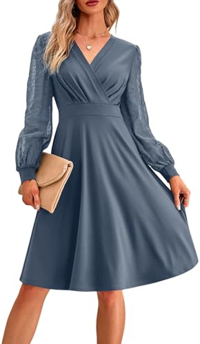MAYFASEY Women's Casual Knee Length Dress V Neck Mesh Sleeve A Line High Waist Midi Dress Ladies Retro Cocktail Party Pleated Dresses, Blue Grey, L