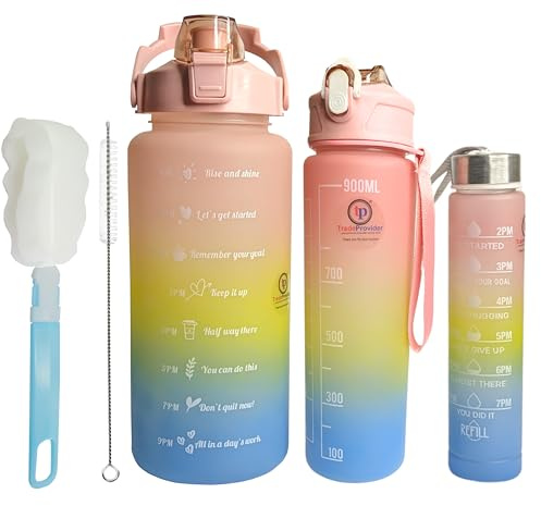 TradeProvider® Drinking Bottle (3 Peach Pack) BPA Free 2L, 900L, 300L with Leakproof Lid, Straw, Brush, Time Markings, (3 Gradient-Peach)