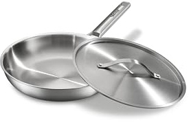 VEDNHOL Stainless Steel Frying Pan 12 Inch with Lid, Fully Clad Tri-Ply Stainless Steel Skillet for Even Heating, Brushed Finish, Dishwasher & Oven Safe, Induction & All Stovetops Compatible
