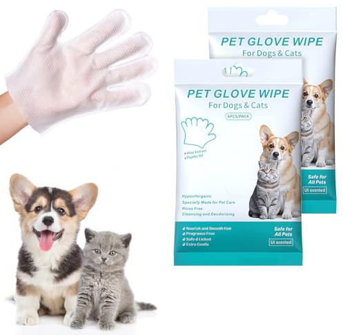AUYAO Guanti per la Pulizia di Animali Domestici, 12 Pezzi Guanti Salviette per Pulizia, Guanto Monouso da Massaggio, Salviette Detergenti per Cani e Gatti di Orecchie, Zampe, Sedere, Viso e Corpo